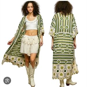 POL Green and Cream Crochet Duster